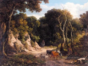  sheep - A WOODED LANDSCAPE WITH CATTLE AND SHEEP ON A PATH WITH A HERDSMAN Philip Reinagle